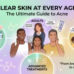 an Educational Graphic Titled Clear Skin at Every Age the Ultimate Guide to Acne Featuring Illustrated Sections for Teens Adults and Parents with Skincare Tips Active Ingredients Like Retinol and Advanced Clinical Treatments