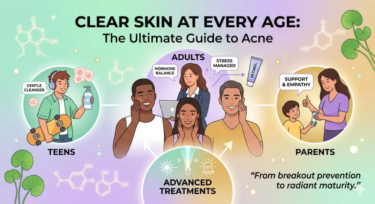 an Educational Graphic Titled Clear Skin at Every Age the Ultimate Guide to Acne Featuring Illustrated Sections for Teens Adults and Parents with Skincare Tips Active Ingredients Like Retinol and Advanced Clinical Treatments