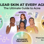 an Educational Graphic Titled Clear Skin at Every Age the Ultimate Guide to Acne Featuring Illustrated Sections for Teens Adults and Parents with Skincare Tips Active Ingredients Like Retinol and Advanced Clinical Treatments