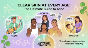 an Educational Graphic Titled Clear Skin at Every Age the Ultimate Guide to Acne Featuring Illustrated Sections for Teens Adults and Parents with Skincare Tips Active Ingredients Like Retinol and Advanced Clinical Treatments